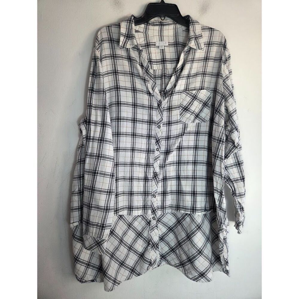J.Jill Black, Grey & White Plaid 100% Cotton Button Down Tunic Blouse size 3X
